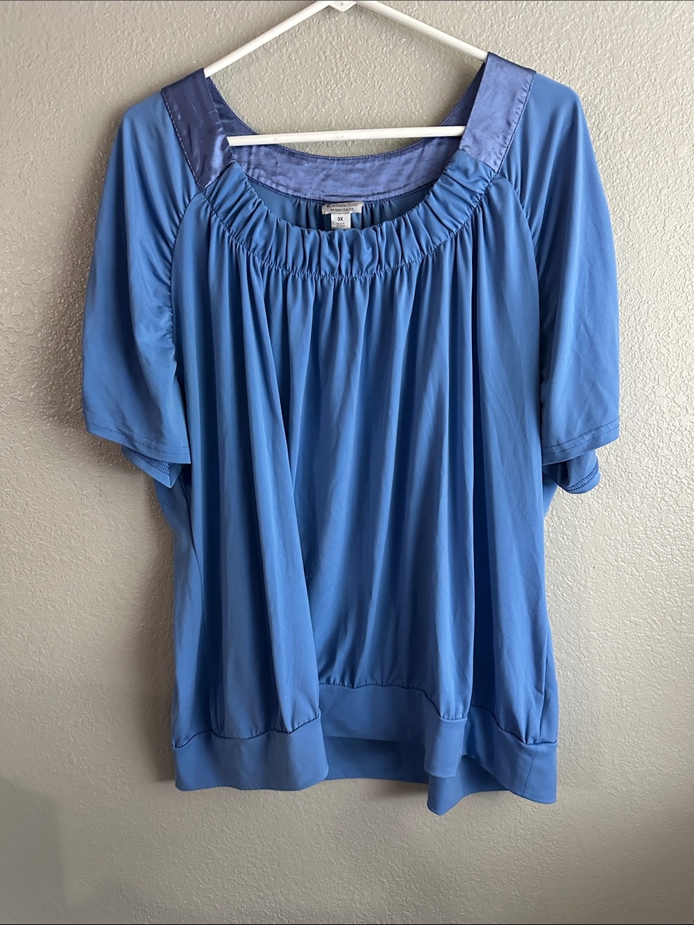 Worthington Sky Blue Gathered Neck Short-Sleeve Blouse